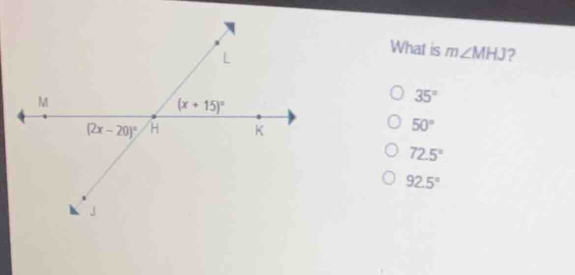 what is $m\\angle mhj$? \\bigcirc $35^{\\circ}$ \\bigcirc $50^{\\circ}$…