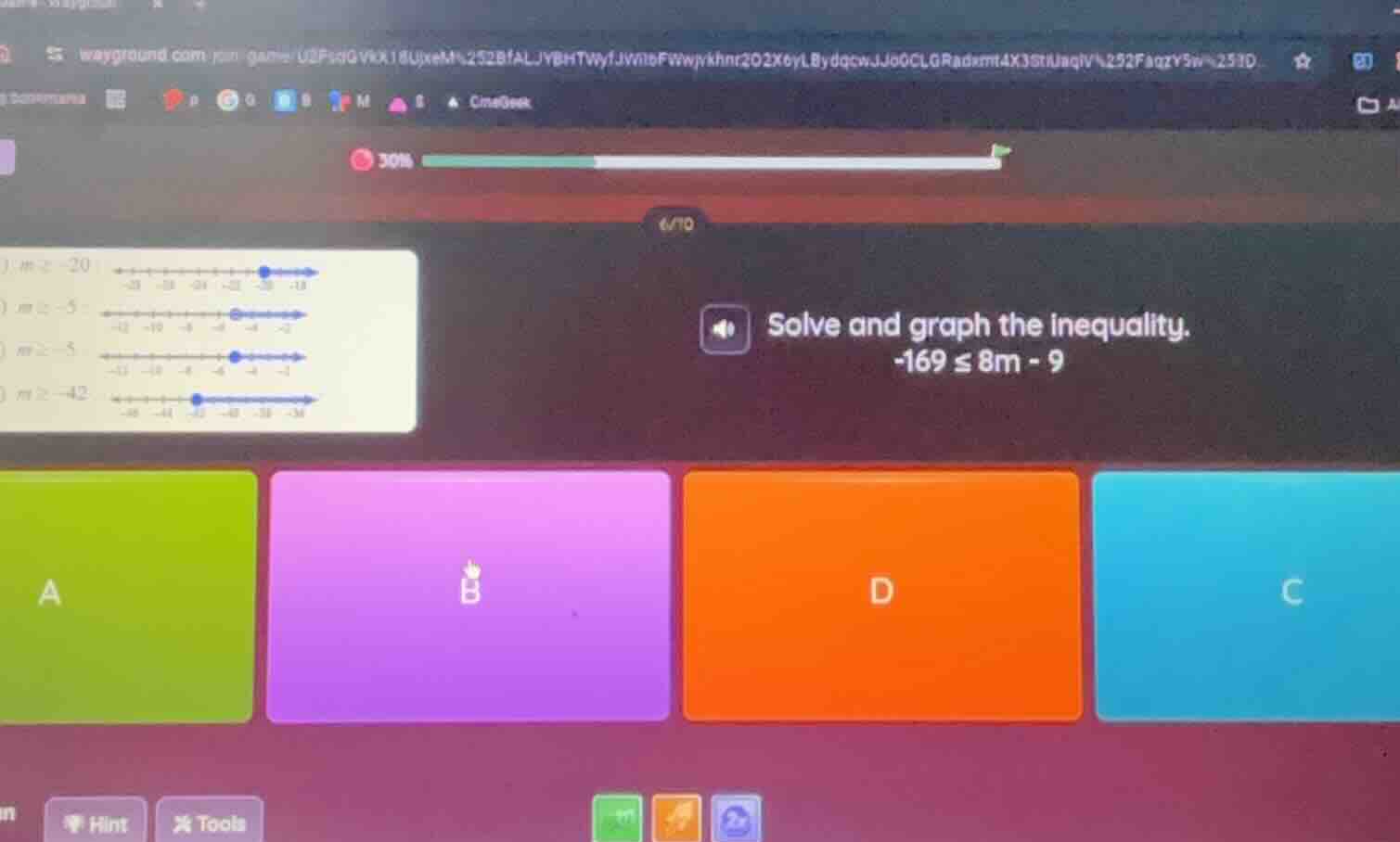 solve and graph the inequality. -169 ≤ 8m - 9