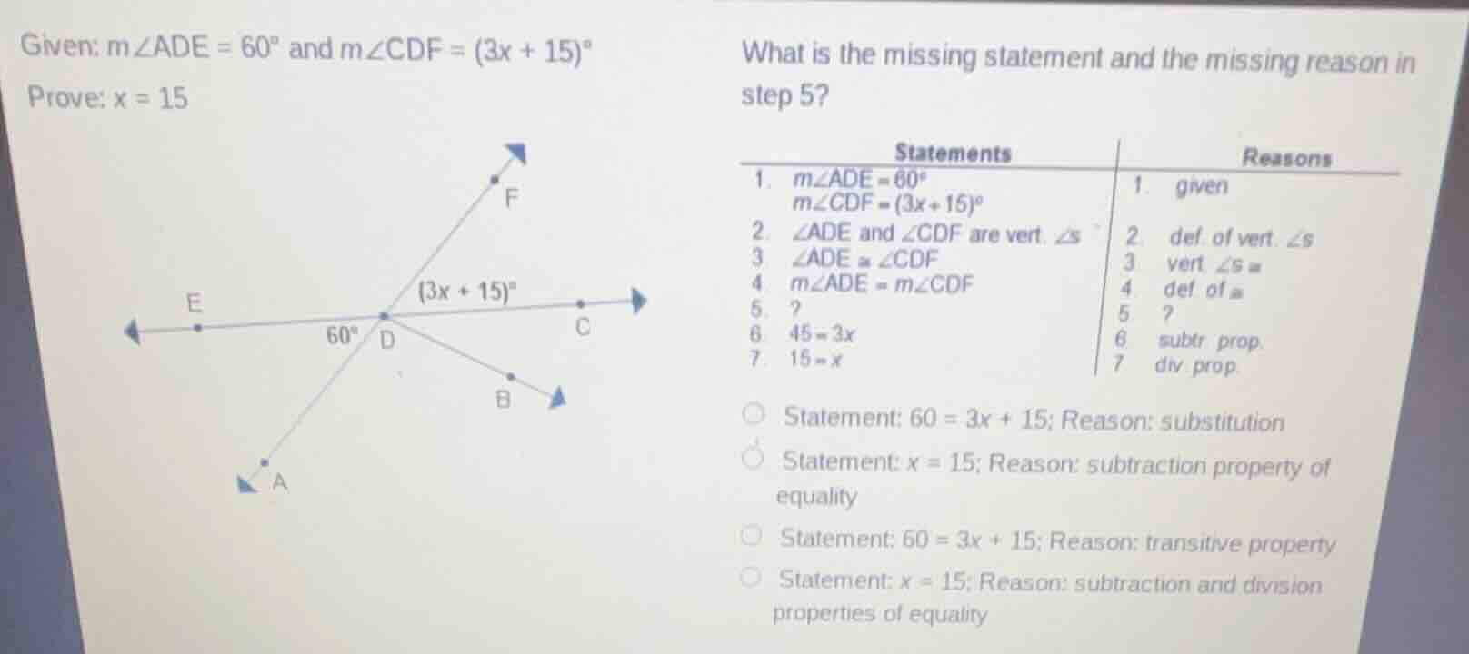 given: ( mangle ade = 60^circ ) and ( mangle cdf = (3x + 15)^circ ) pro…
