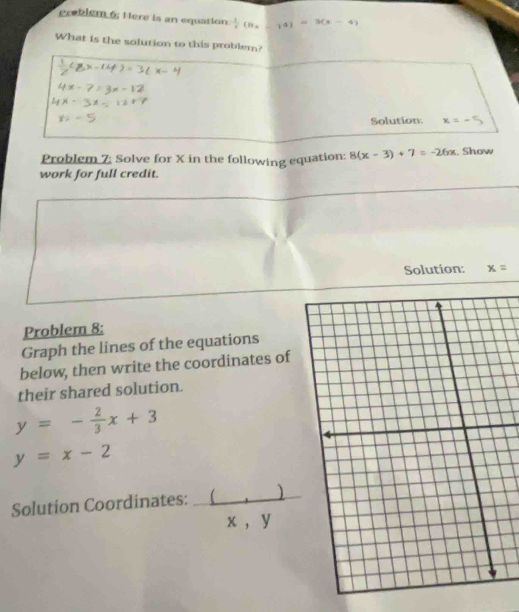 problem 6: here is an equation: \\(\\frac{1}{2}(8x - 14) = 3(x - 4)\\)\…