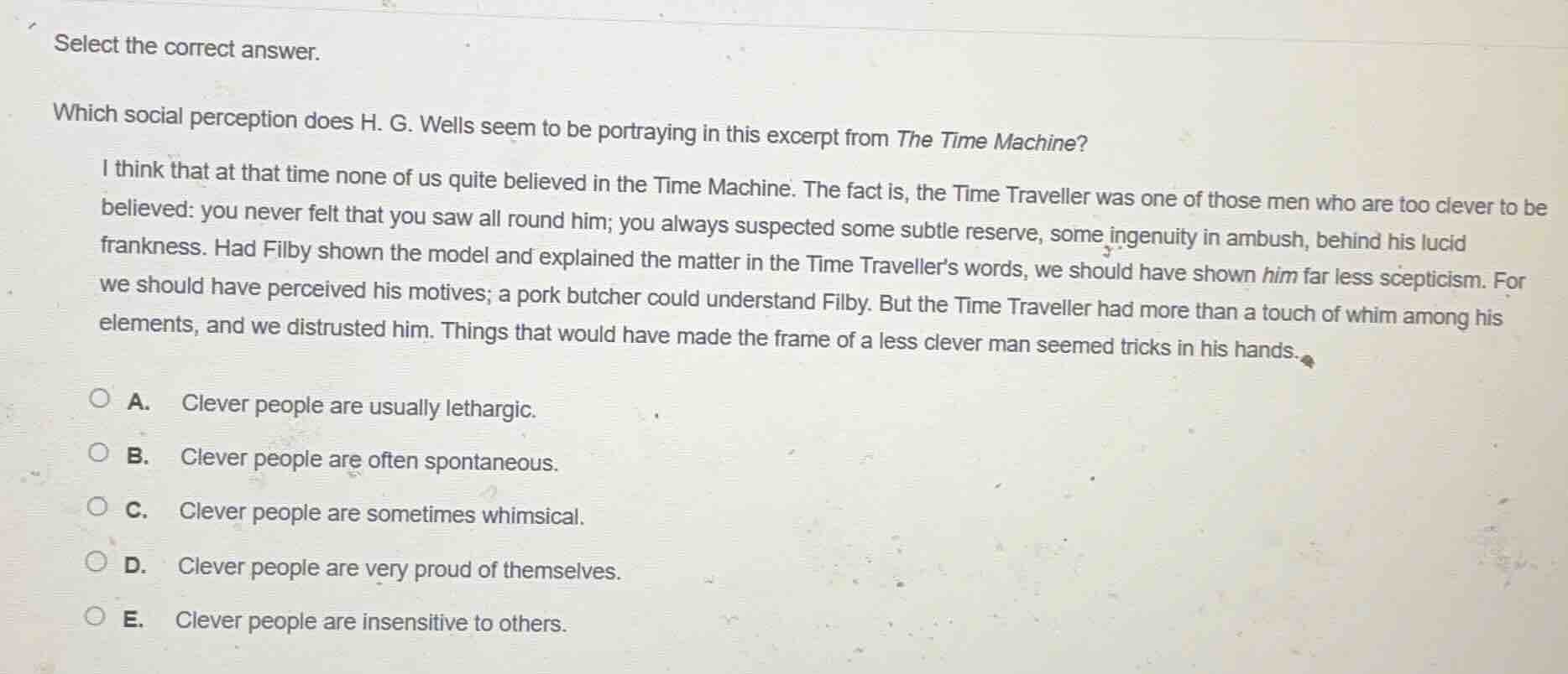 select the correct answer. which social perception does h. g. wells see…