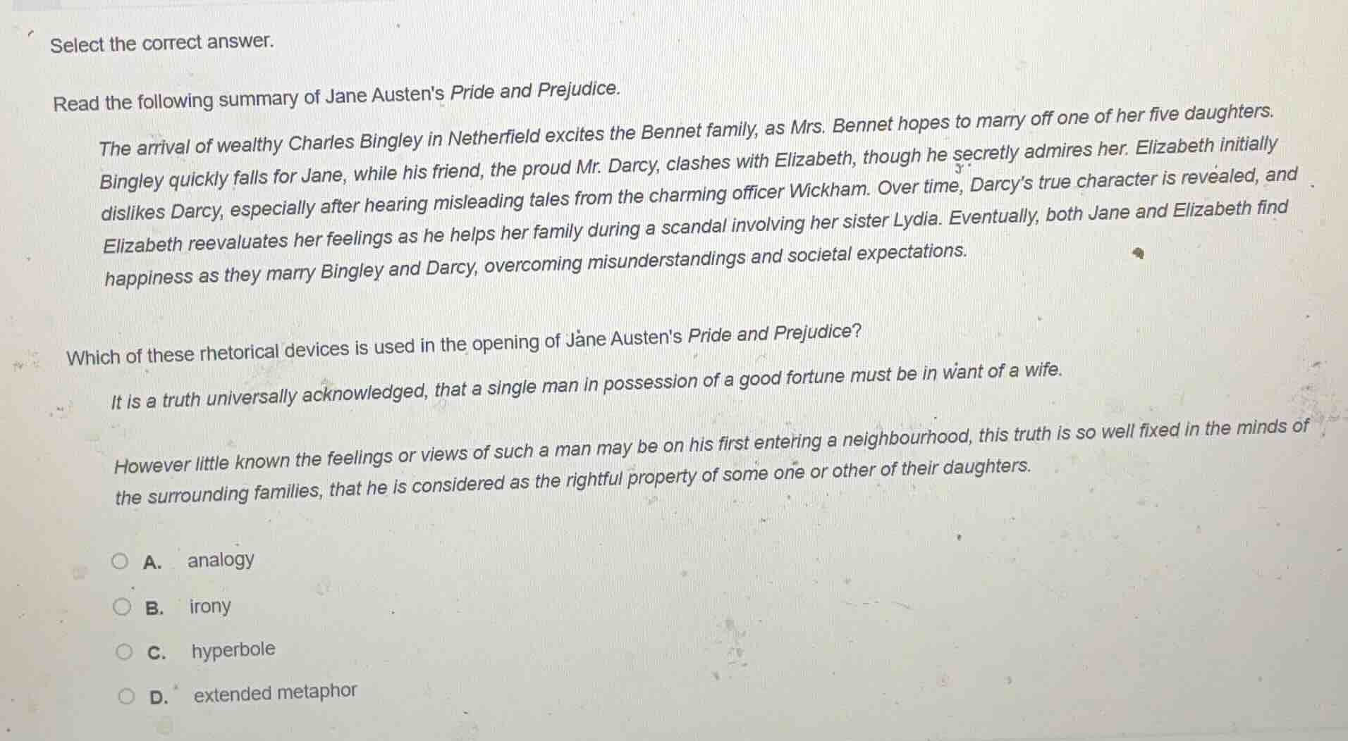 select the correct answer. read the following summary of jane austens p…