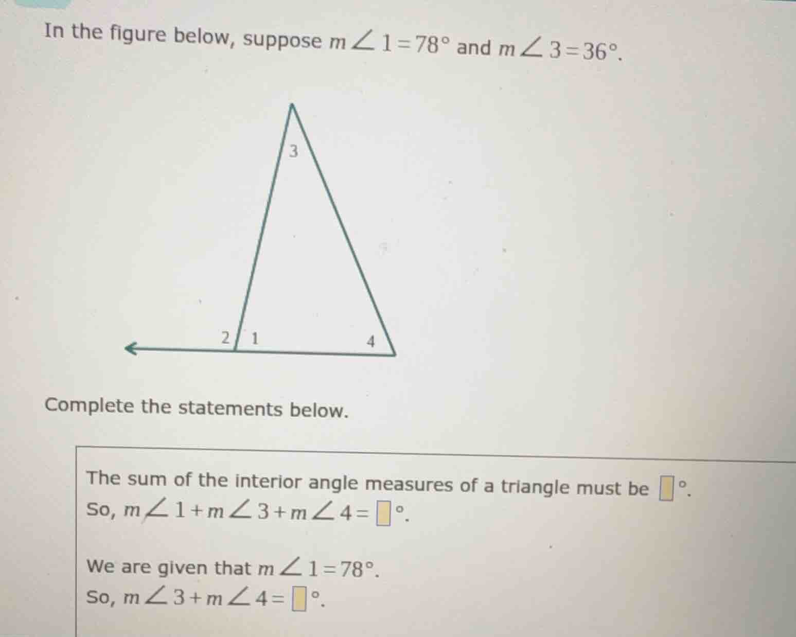 in the figure below, suppose ( mangle1 = 78^circ ) and ( mangle3 = 36^c…