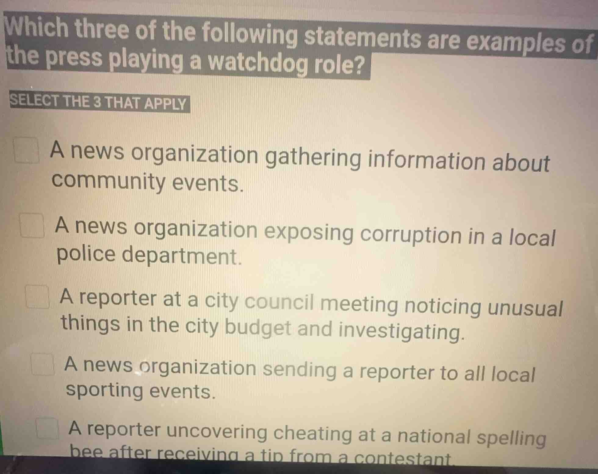 which three of the following statements are examples of the press playi…