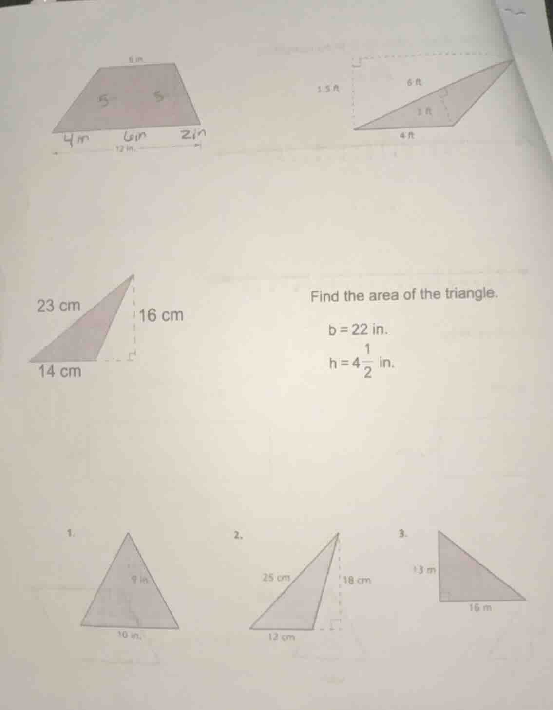 find the area of the triangle.\ b = 22 in.\ h = 4\\frac{1}{2} in.