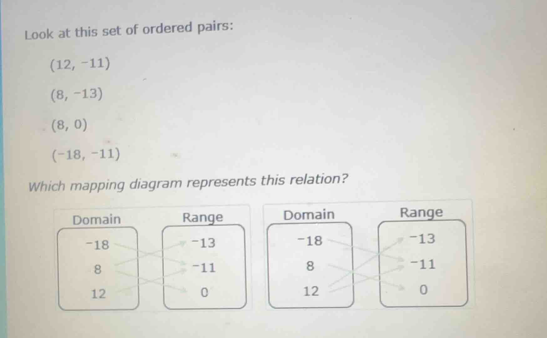 look at this set of ordered pairs: (12, -11) (8, -13) (8, 0) (-18, -11)…