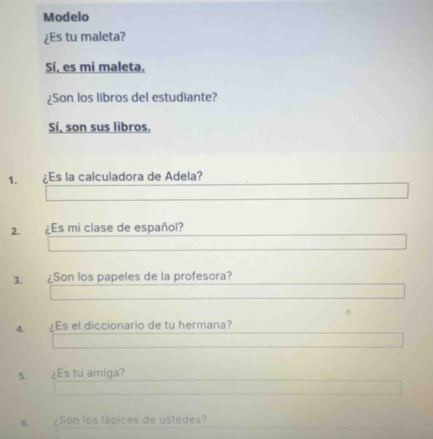 modelo ¿es tu maleta? sí, es mi maleta. ¿son los libros del estudiante?…