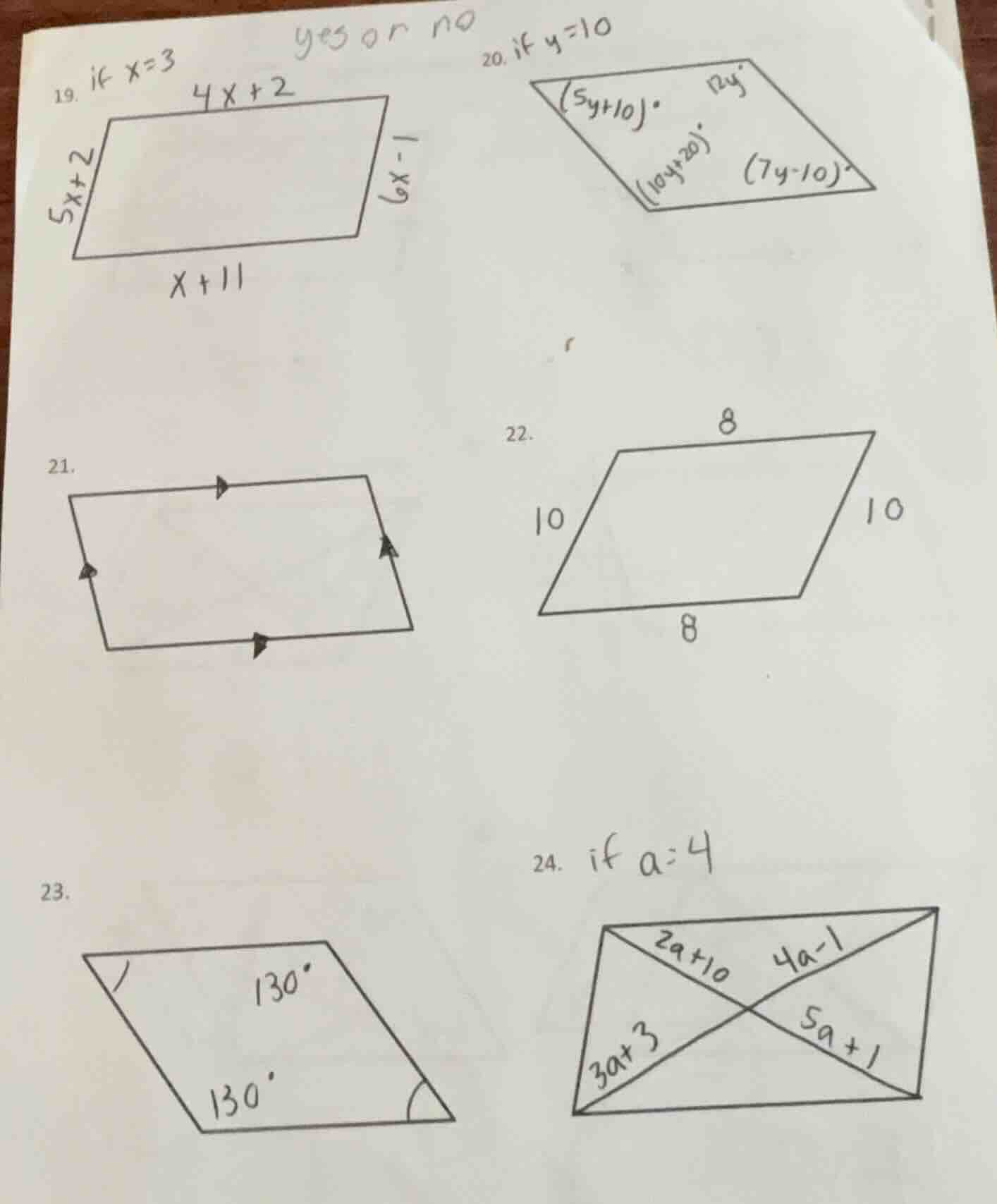 19. if x=3 yes or no 4x+2 5x+2 6x-1 x+11 20. if y=10 (5y+10)° 12y° (10y…