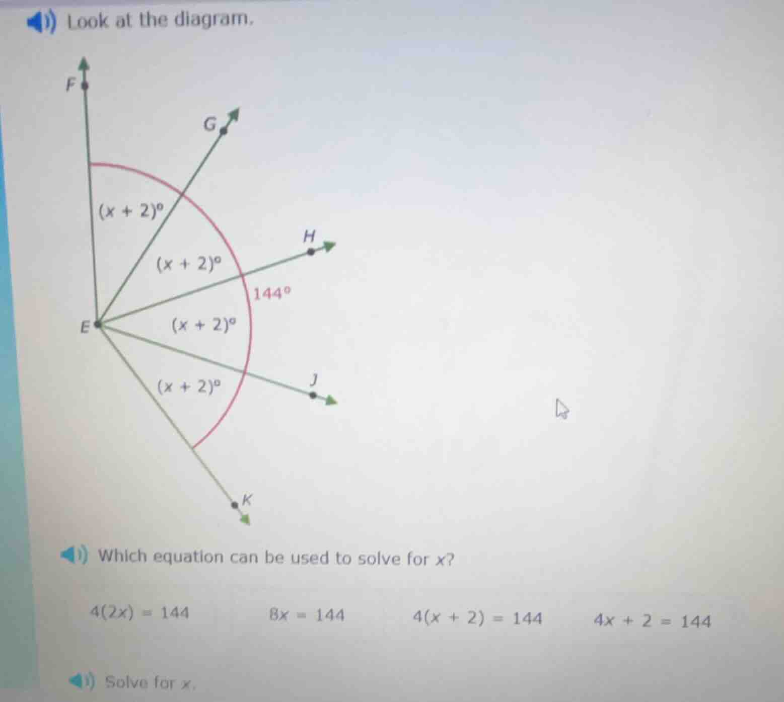 look at the diagram. which equation can be used to solve for x? $4(2x)=…