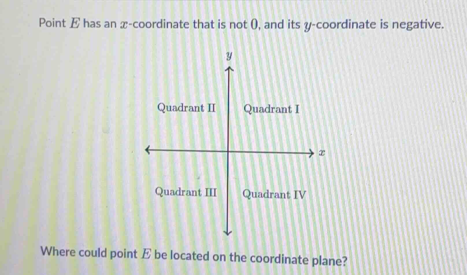 point e has an x-coordinate that is not 0, and its y-coordinate is nega…