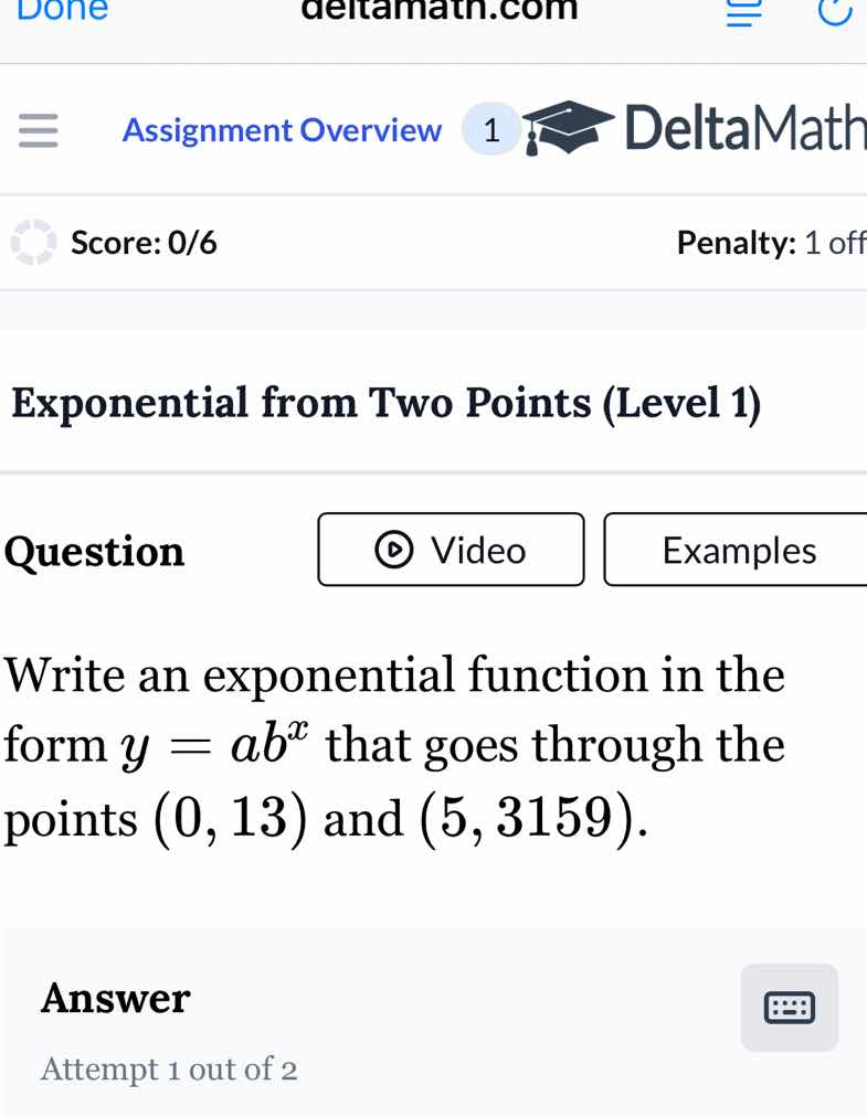 exponential from two points (level 1) question write an exponential fun…