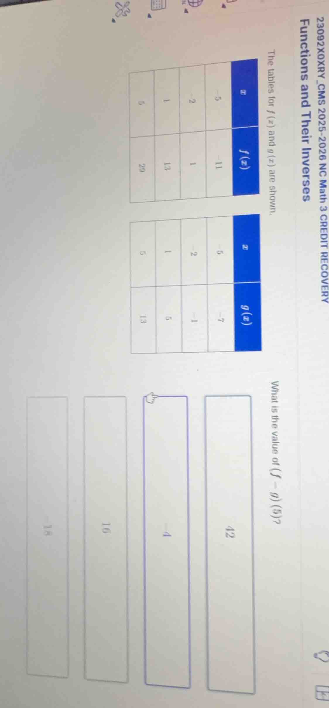 functions and their inverses the tables for ( f(x) ) and ( g(x) ) are s…