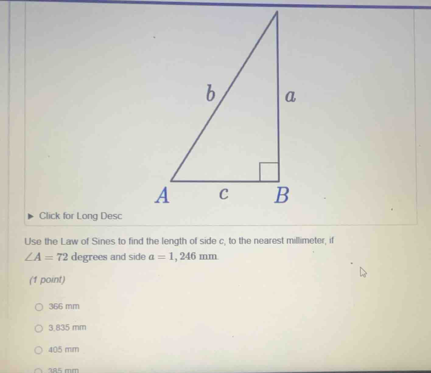 use the law of sines to find the length of side c, to the nearest milli…