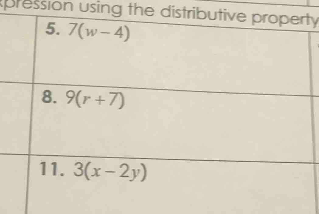 pression using the distributive property 5. 7(w - 4) 8. 9(r + 7) 11. 3(…