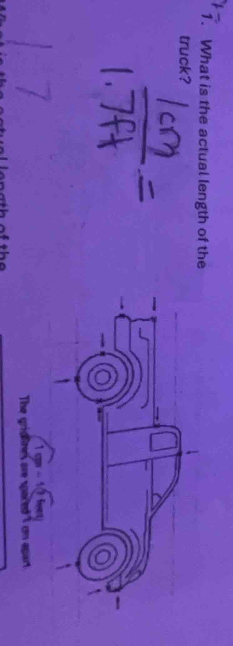 1. what is the actual length of the truck? 1cm = 1.7ft