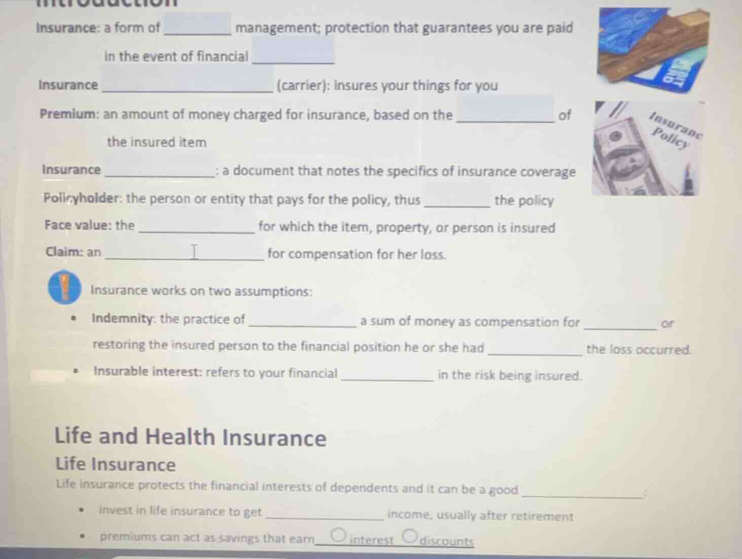 insurance: a form of ______ management; protection that guarantees you …