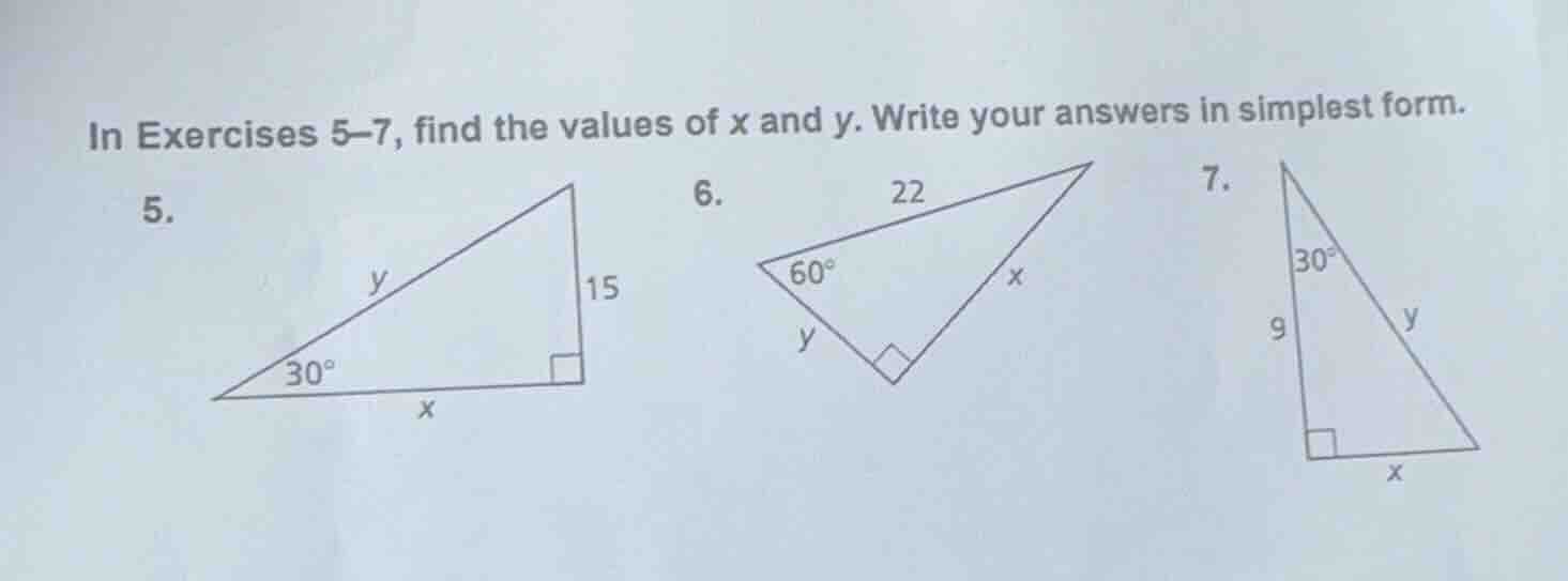 in exercises 5–7, find the values of x and y. write your answers in sim…