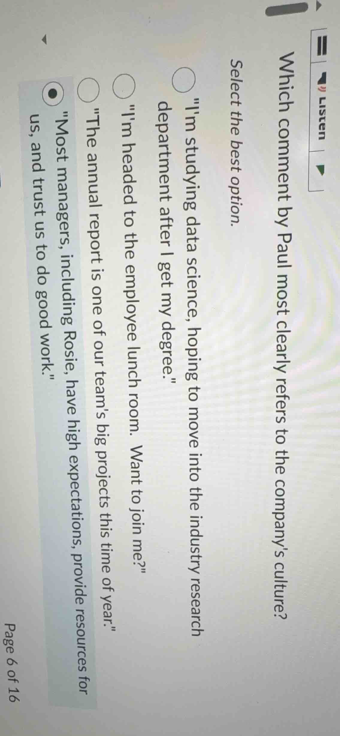 which comment by paul most clearly refers to the companys culture? sele…