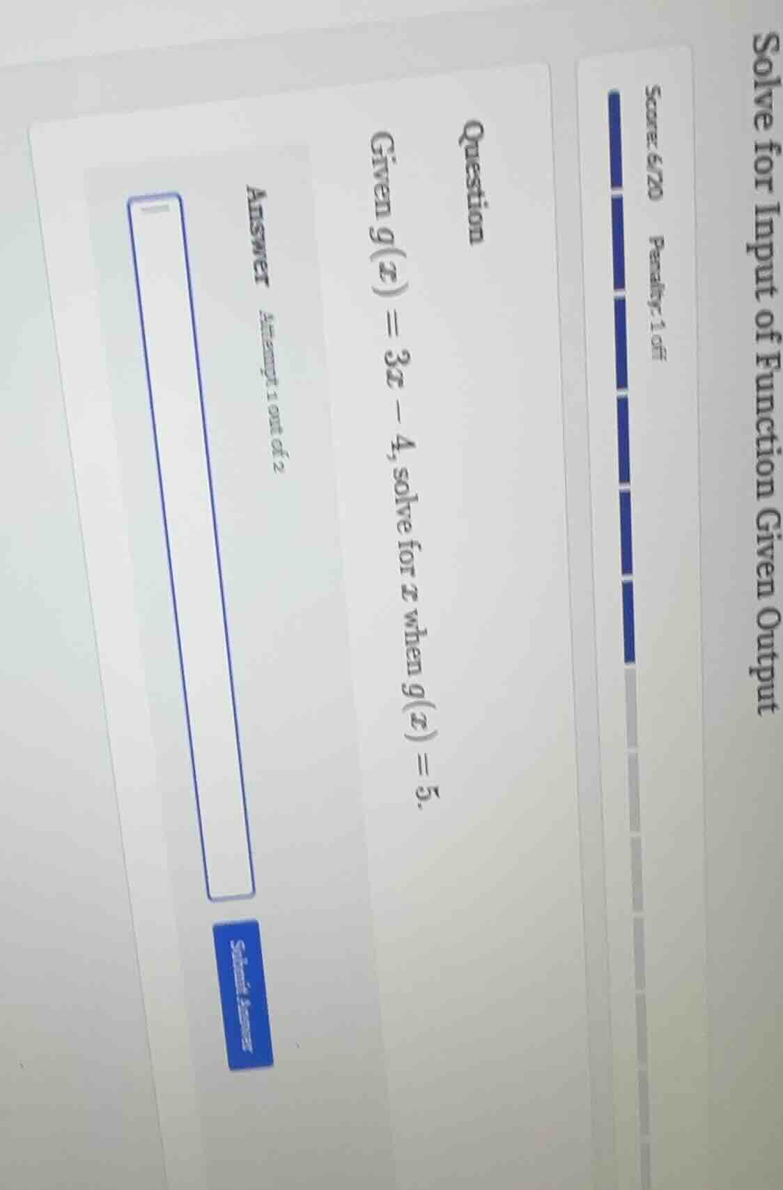 question given ( g(x) = 3x - 4 ), solve for ( x ) when ( g(x) = 5 ). an…