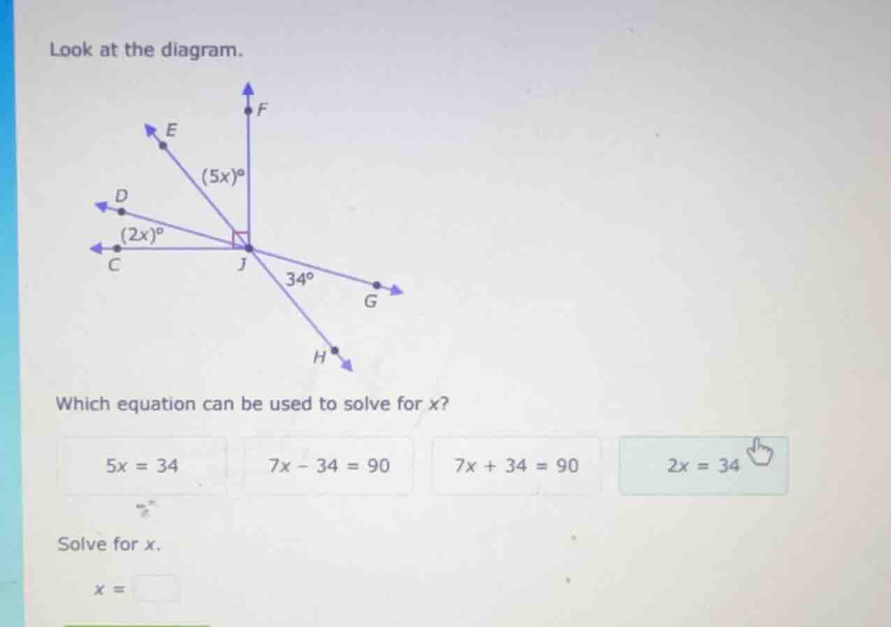 look at the diagram. which equation can be used to solve for x? $5x = 3…