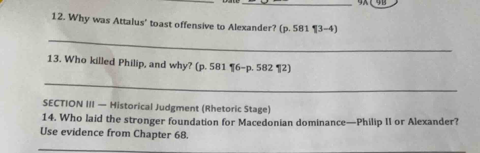 12. why was attalus’ toast offensive to alexander? (p. 581 ¶3–4) 13. wh…