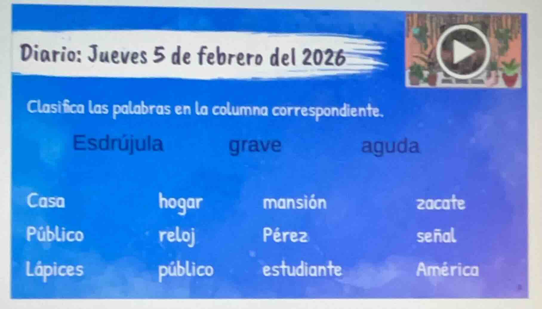diario: jueves 5 de febrero del 2026 clasifica las palabras en la colum…