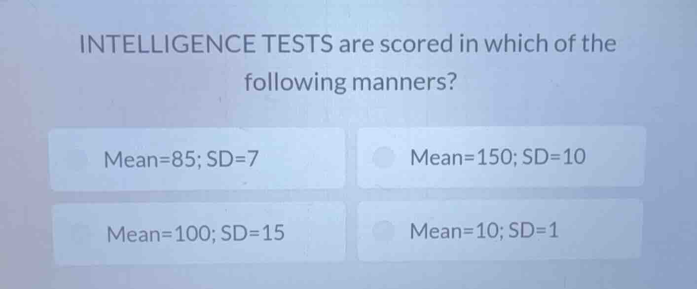 intelligence tests are scored in which of the following manners? mean=8…