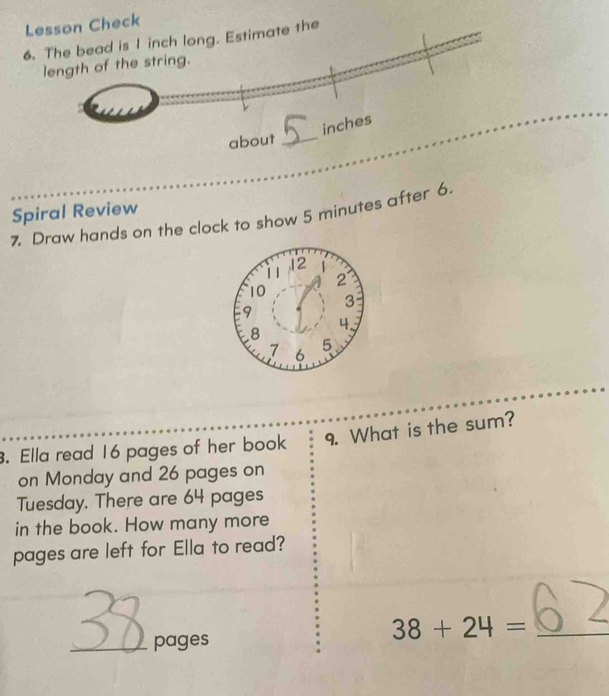 lesson check 6. the bead is 1 inch long. estimate the length of the str…