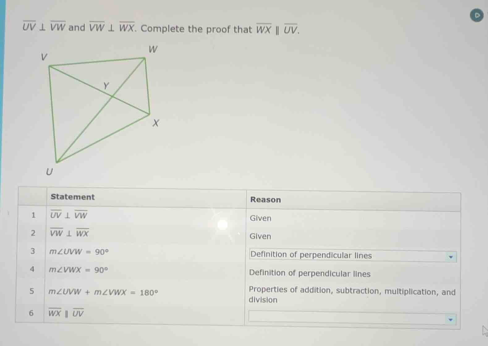 $overline{uv} perp overline{vw}$ and $overline{vw} perp overline{wx}$. …
