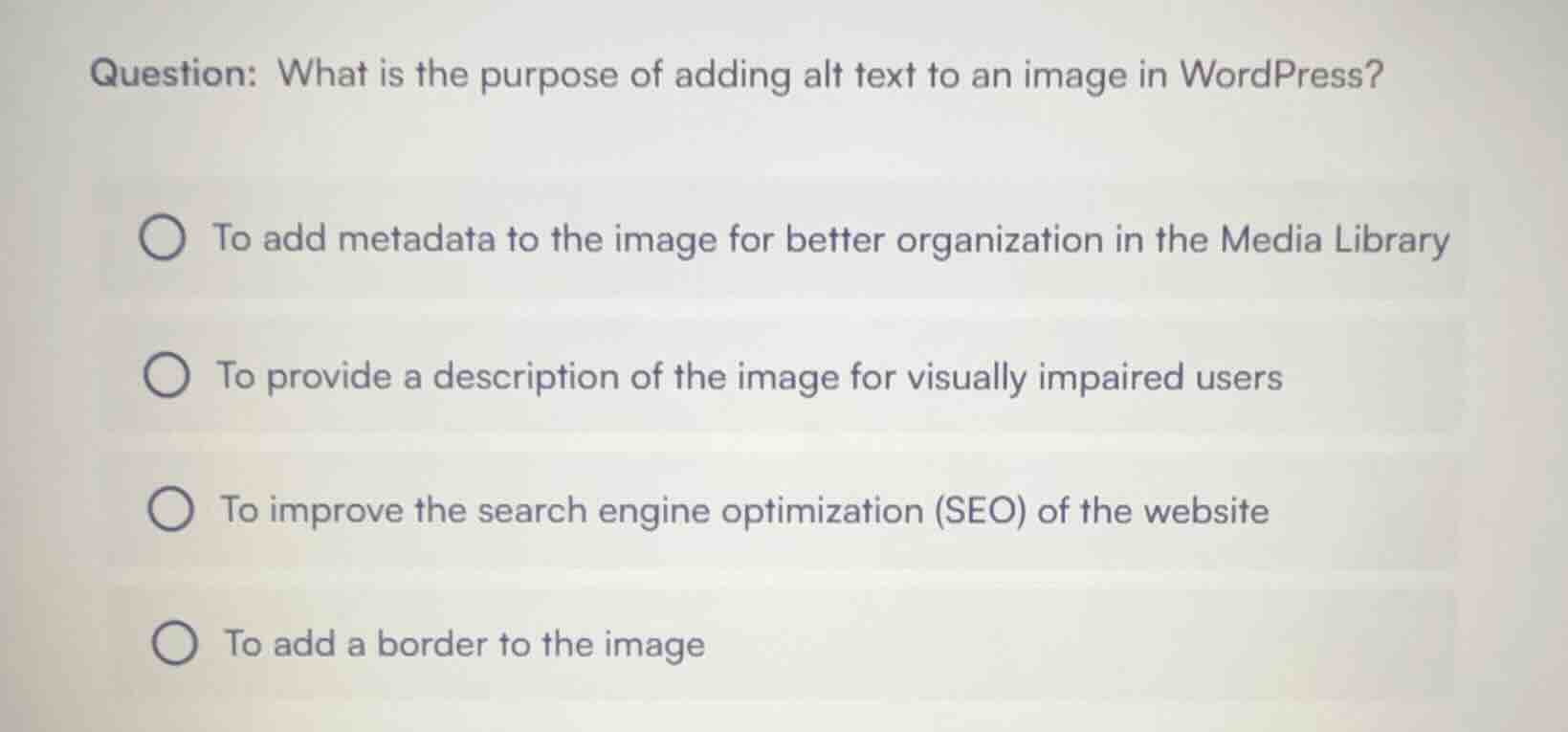 question: what is the purpose of adding alt text to an image in wordpre…