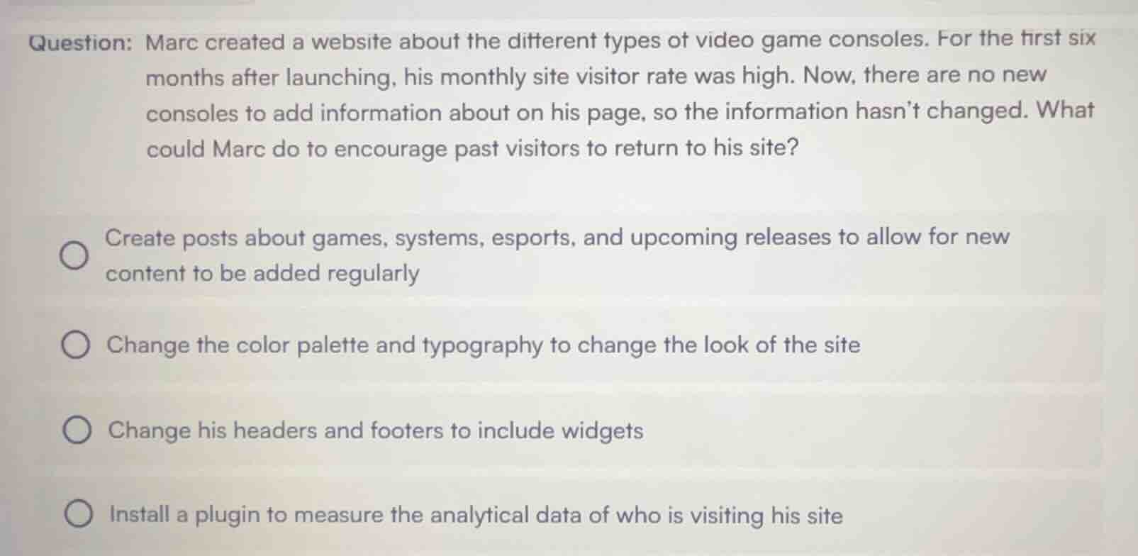 question: marc created a website about the different types of video gam…