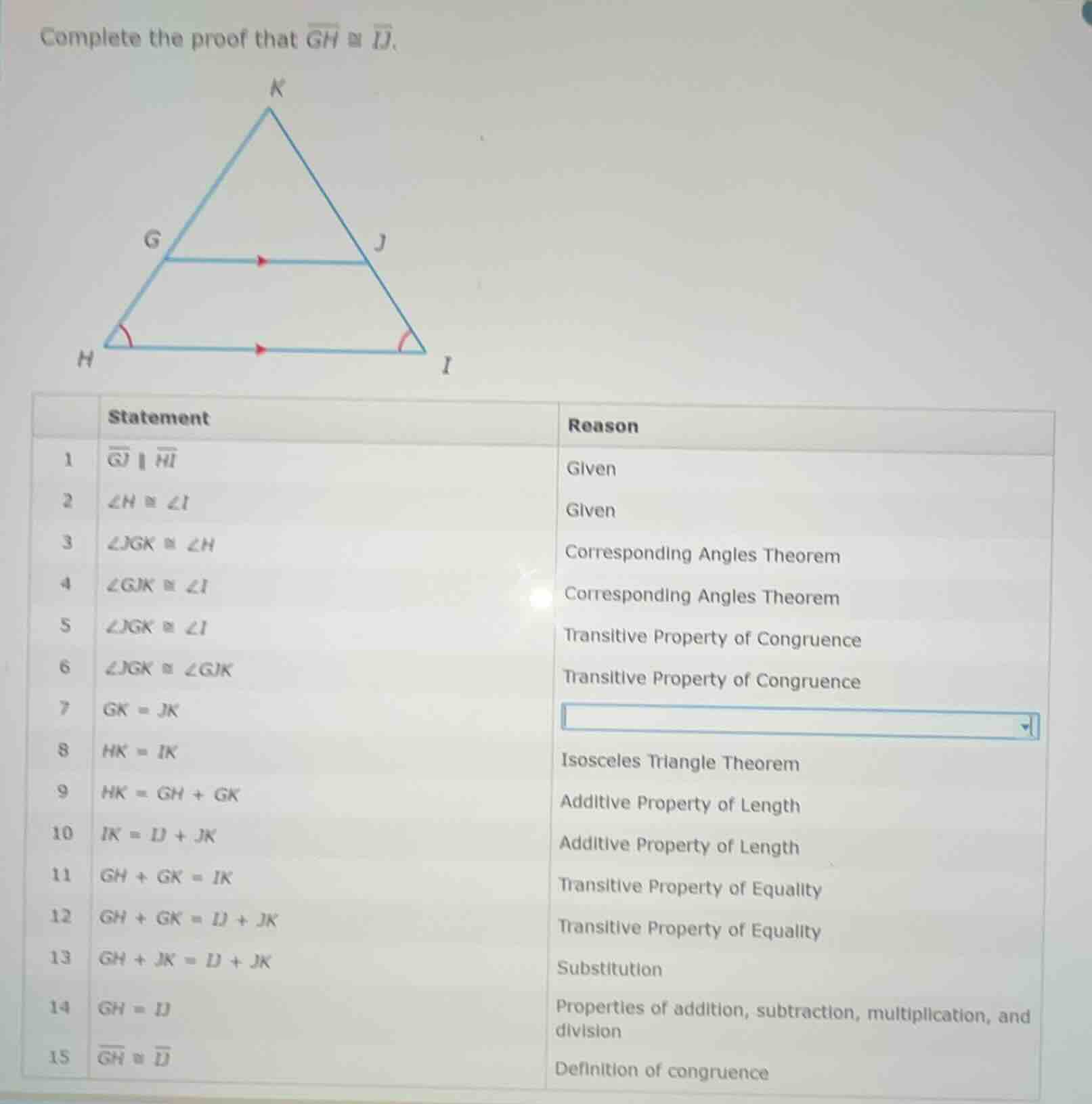 complete the proof that $overline{gh} cong overline{ij}$. (image of tri…