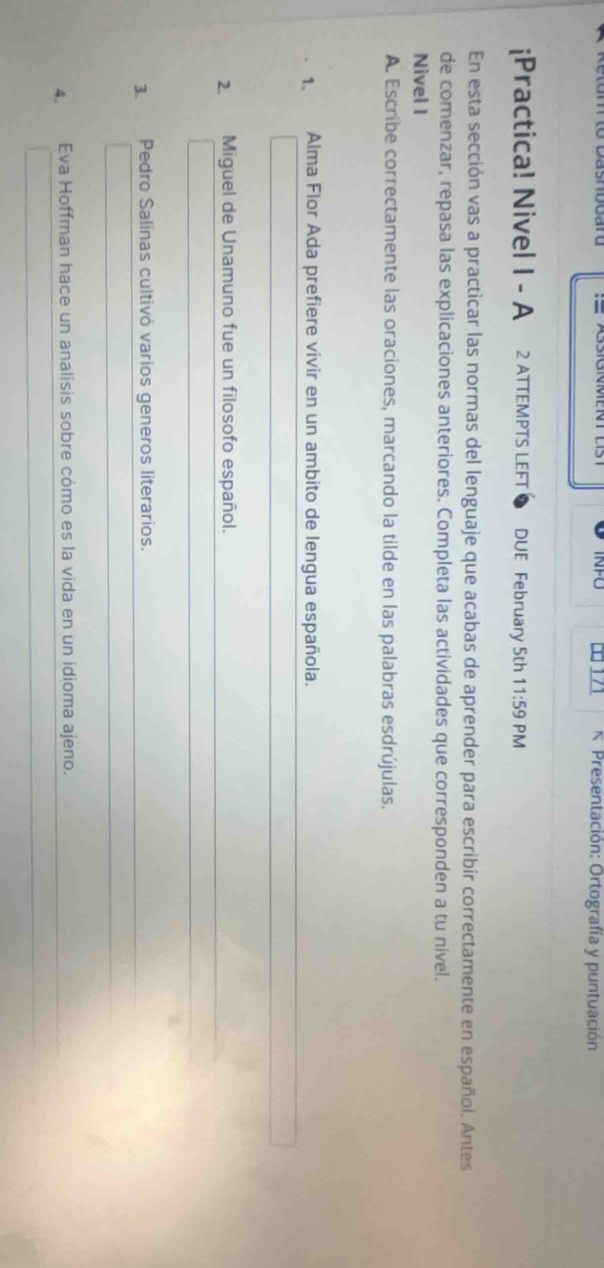 ¡practica! nivel i - a 2 attempts left due february 5th 11:59 pm en est…