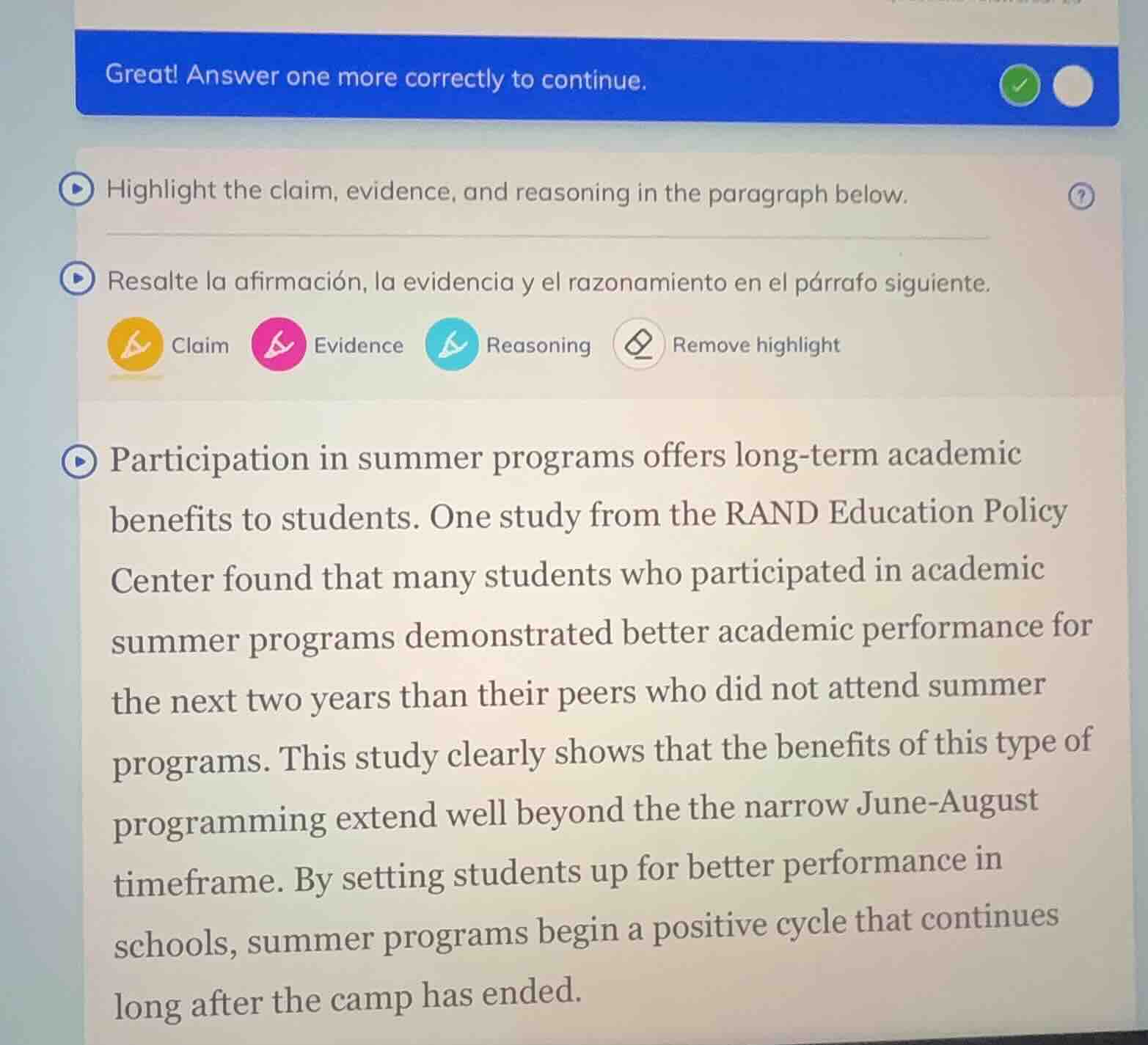 great! answer one more correctly to continue. highlight the claim, evid…