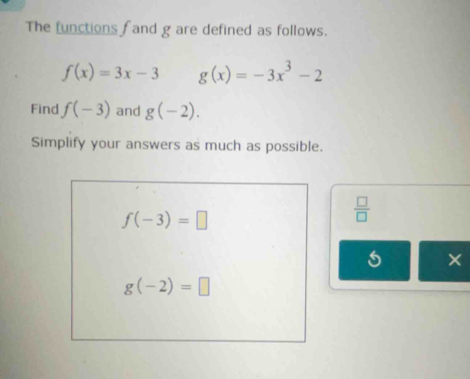 the functions f and g are defined as follows. $f(x) = 3x - 3$ $g(x) = -…