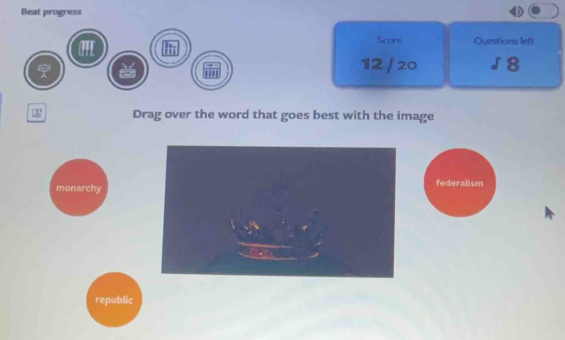 beat progress score 12/20 questions left 8 drag over the word that goes…