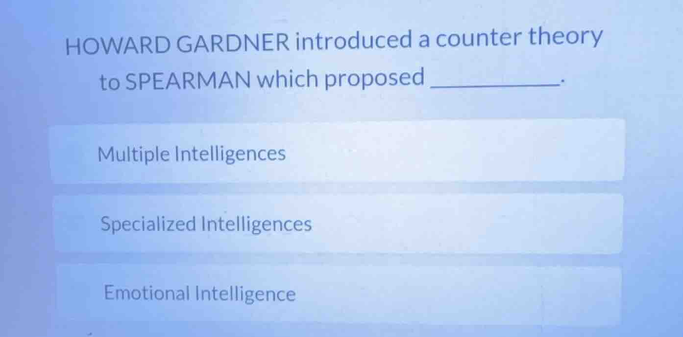 howard gardner introduced a counter theory to spearman which proposed _…