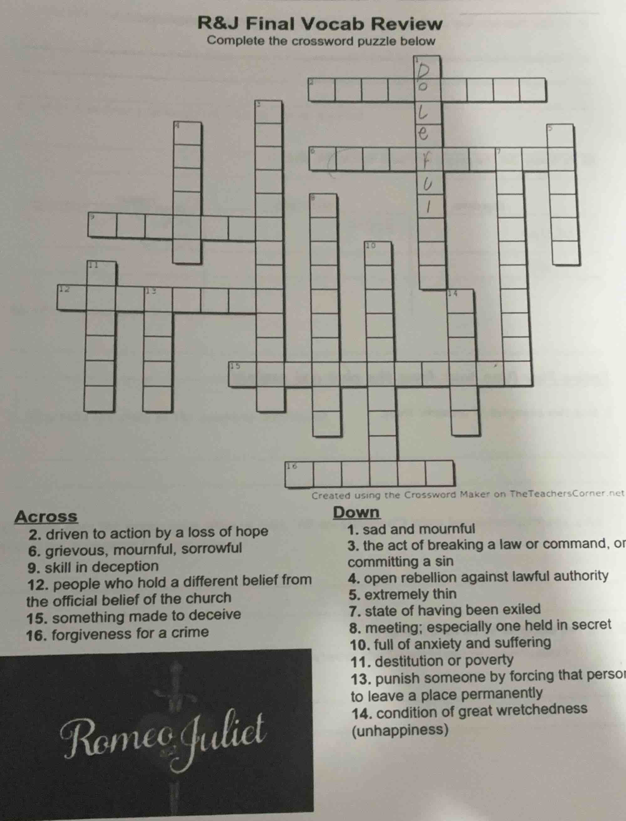 r&j final vocab review complete the crossword puzzle below created usin…