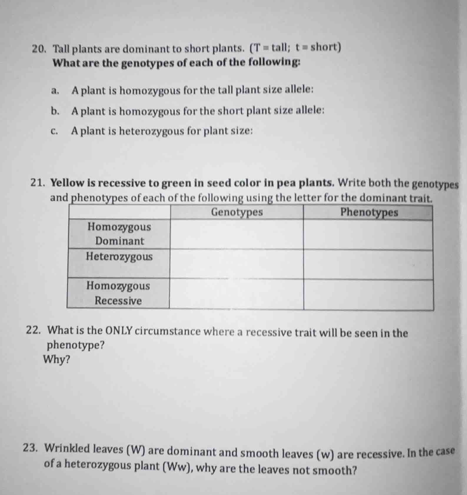 20. tall plants are dominant to short plants. (t = tall; t = short) wha…