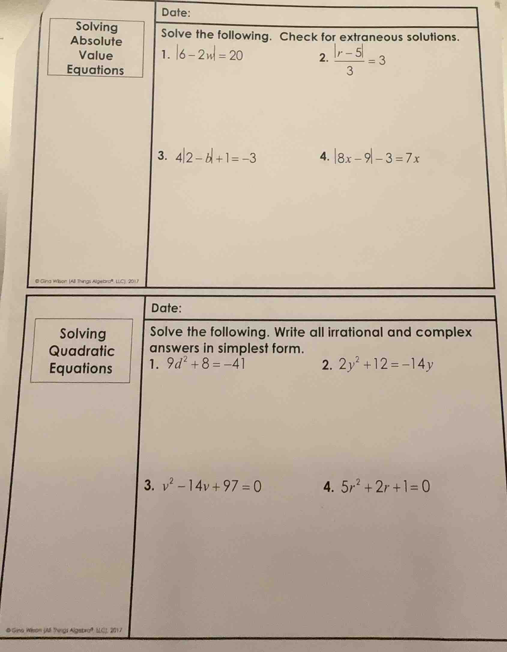 solving absolute value equations date: solve the following. check for e…