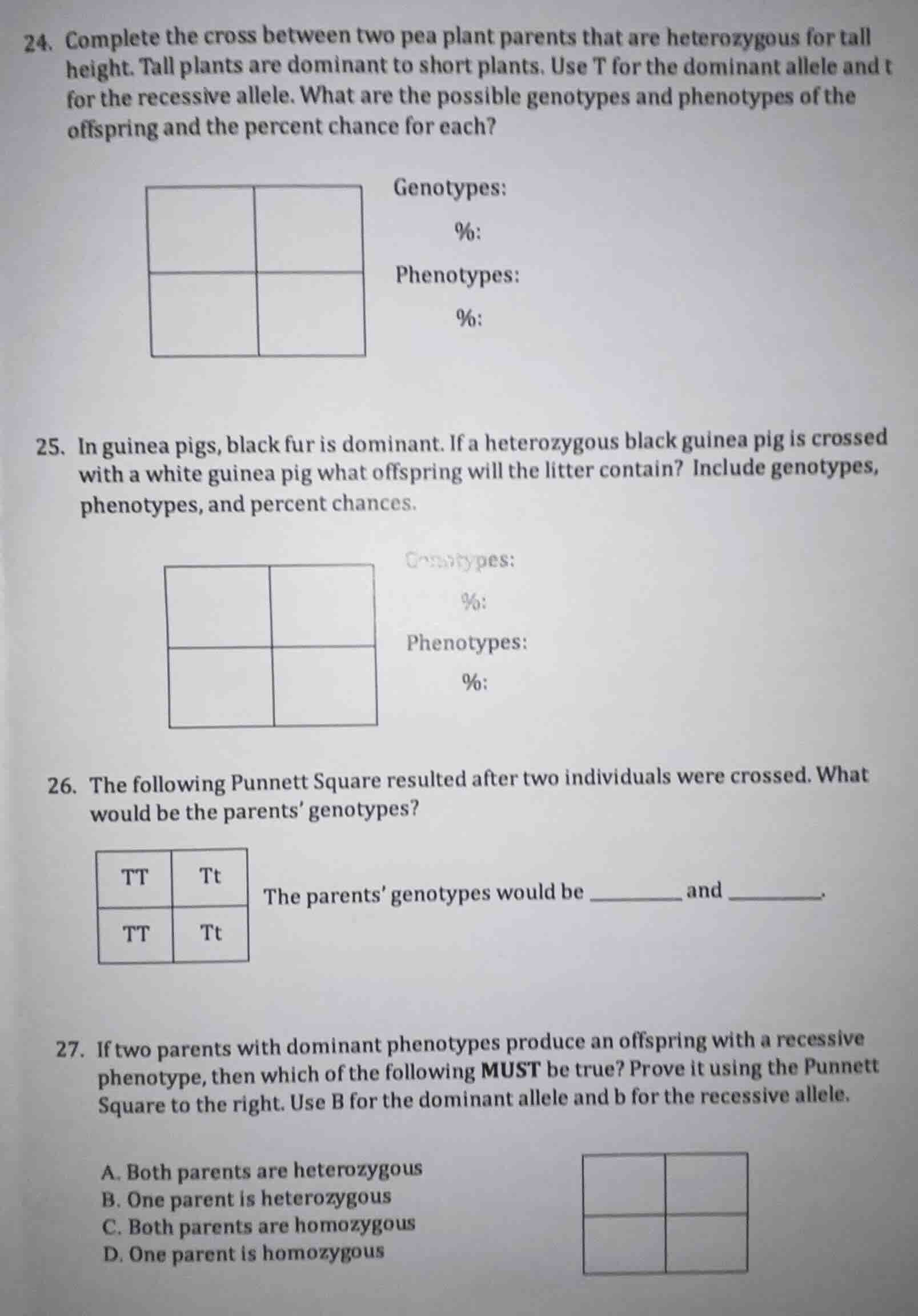 24. complete the cross between two pea plant parents that are heterozyg…