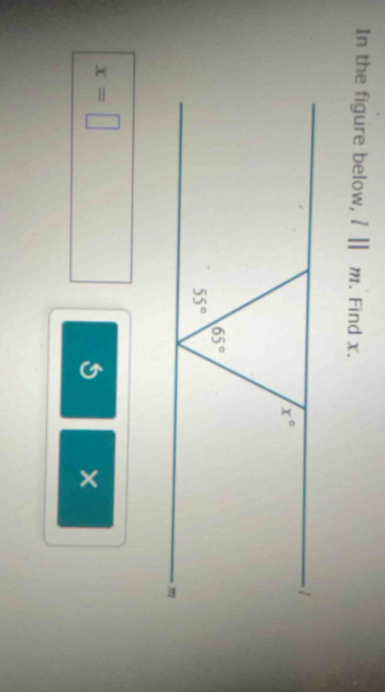in the figure below, ( l parallel m ). find ( x ).
