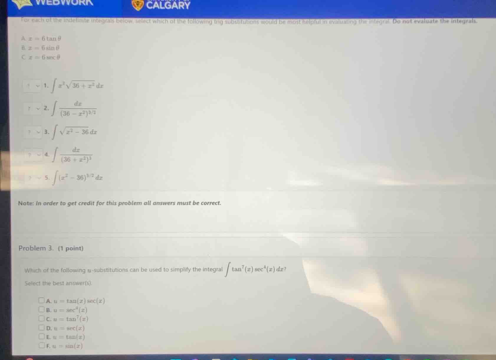 for each of the indefinite integrals below, select which of the followi…