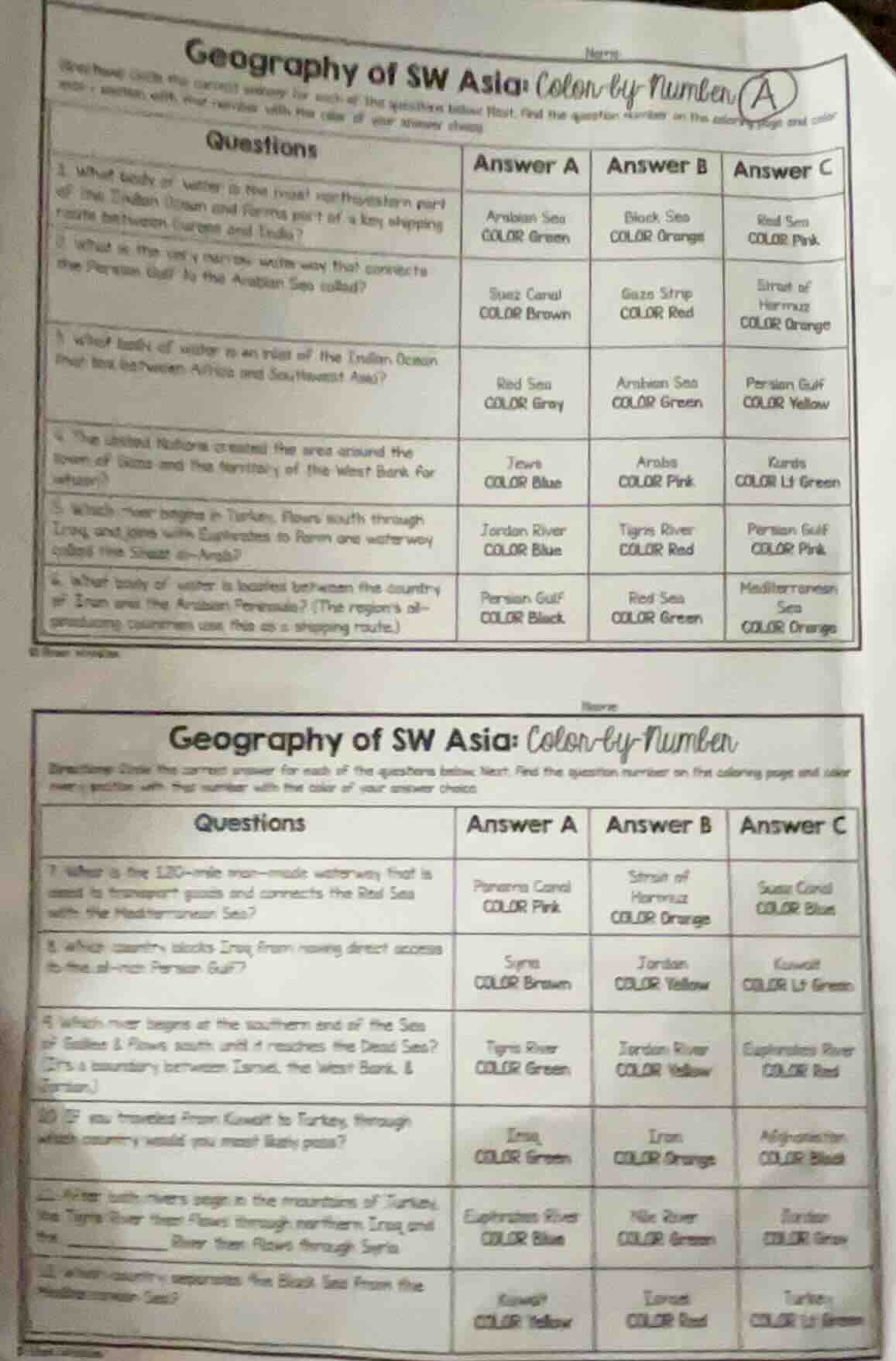 geography of sw asia: color - by - number directions: circle the correc…
