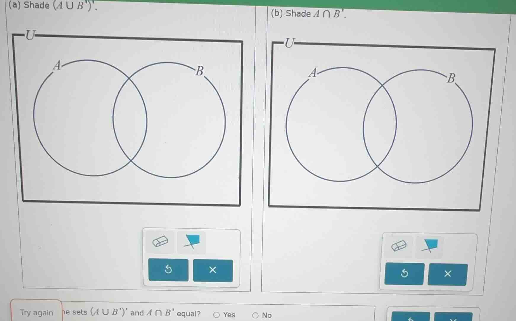 (a) shade $(a cup b)$. (b) shade $a cap b$. try again the sets $(a cup …