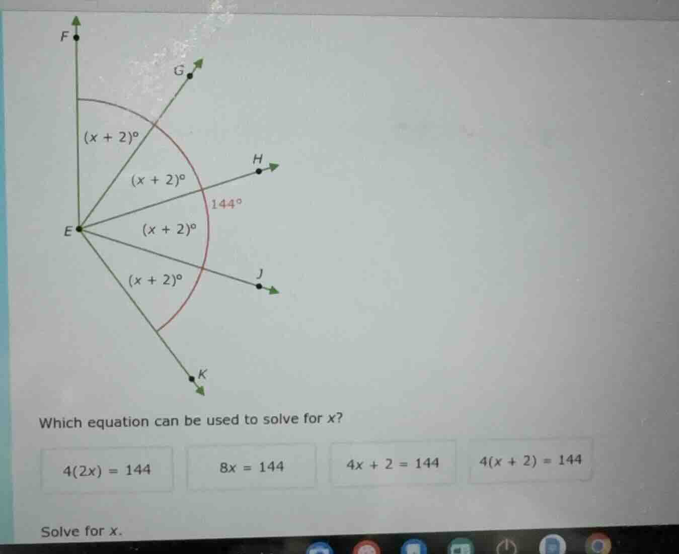 which equation can be used to solve for x? $4(2x) = 144$ $8x = 144$ $4x…