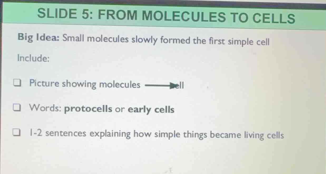 slide 5: from molecules to cells big idea: small molecules slowly forme…
