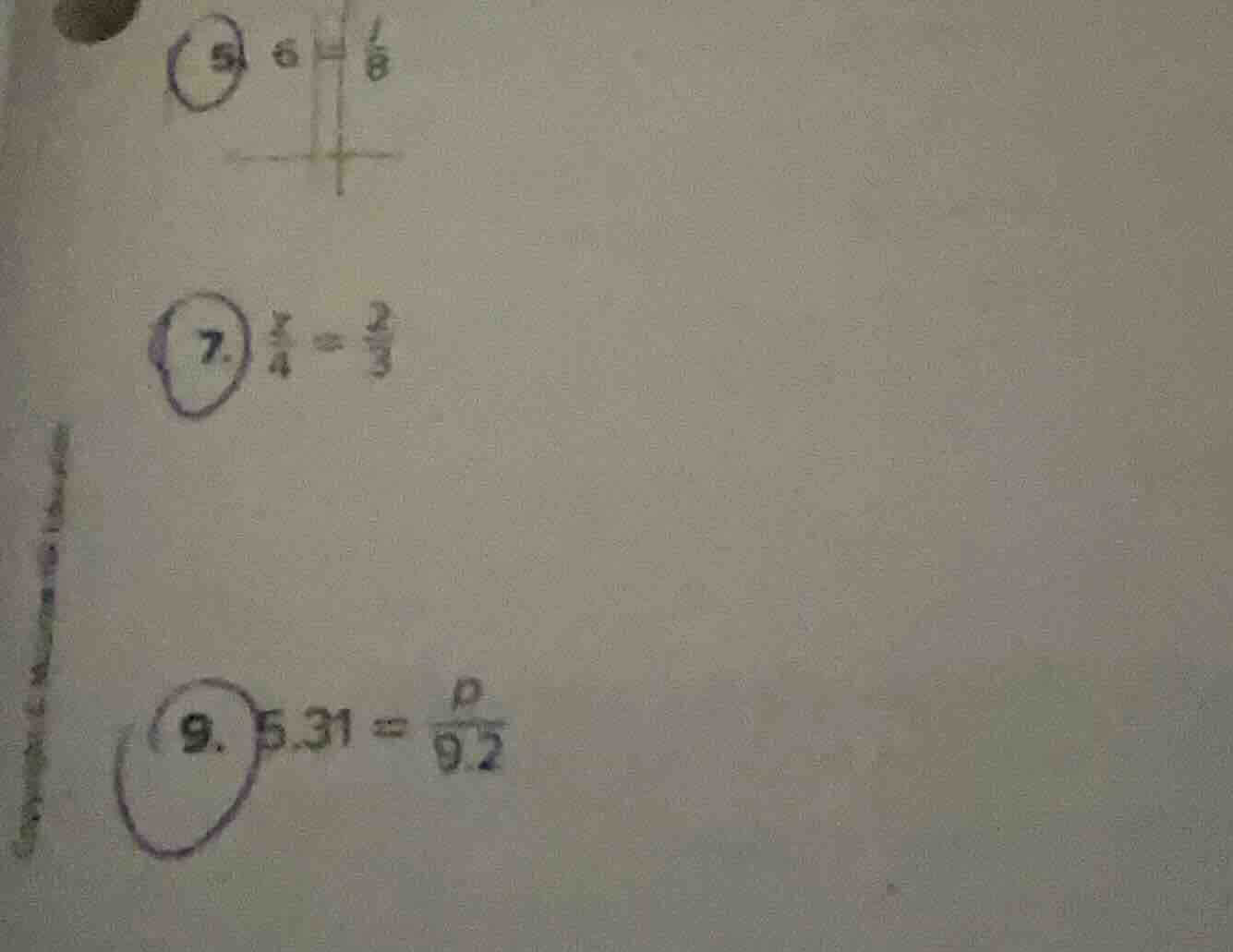 5. （图中内容） 7. \\(\\frac{x}{4} = \\frac{2}{3}\\) 9. \\(5.31 = \\frac{p}{9…