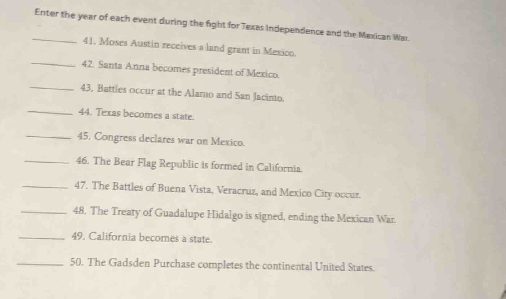 enter the year of each event during the fight for texas independence an…