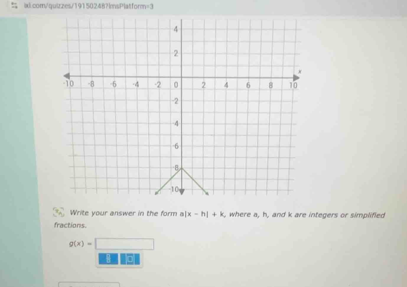 write your answer in the form $a|x - h| + k$, where $a$, $h$, and $k$ a…